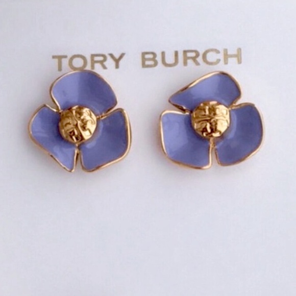 🆕 Tory Burch Authentic Small Purple Resin Fleur & Gold Tone Logo Stud Earrings - Picture 6 of 8